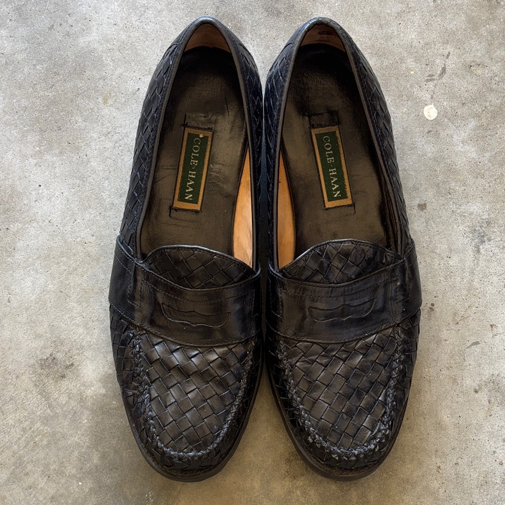 Cole Haan Black Leather Woven Loafers, Sz 13